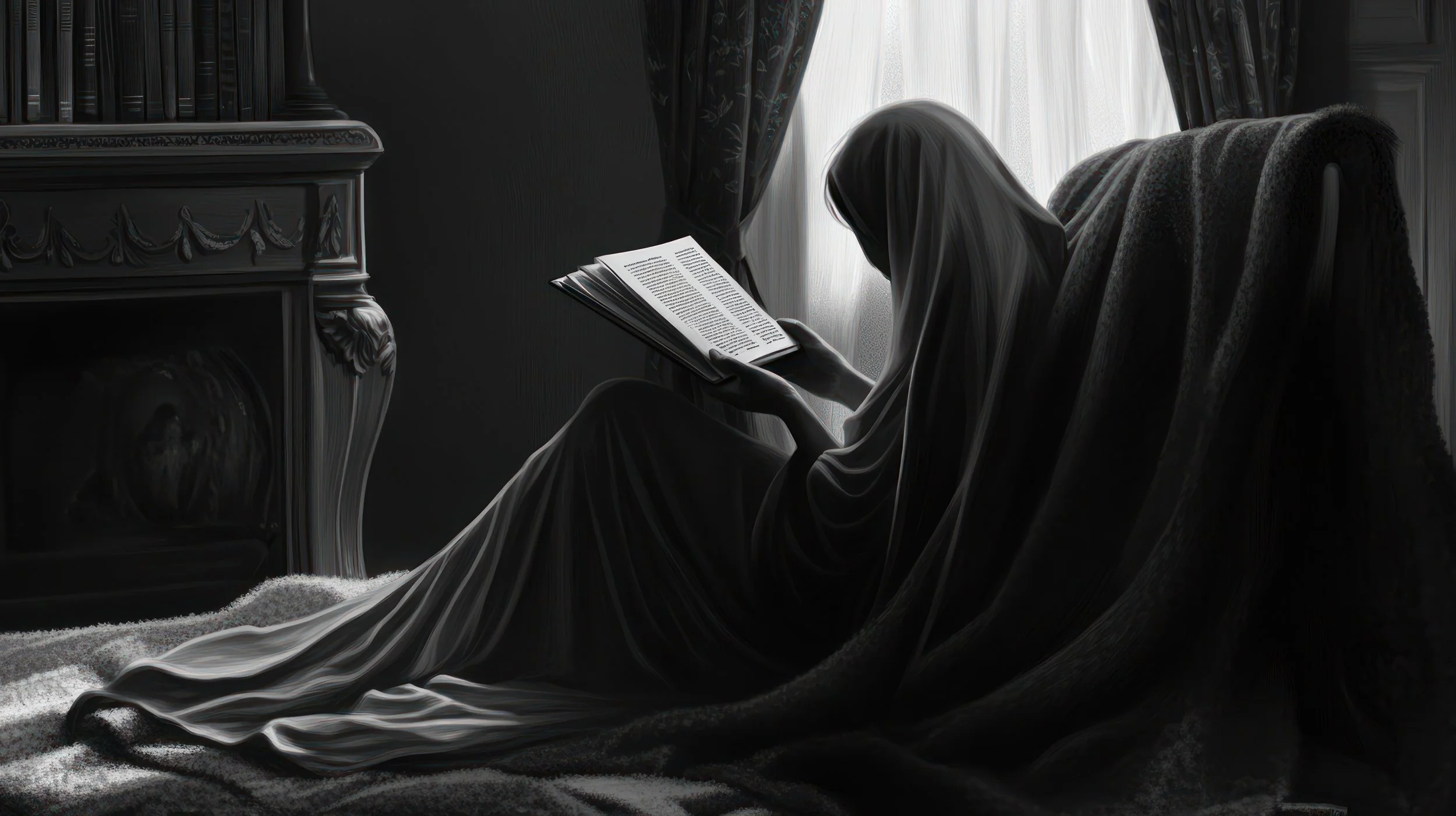 A spectral figure reading by a dark fireplace