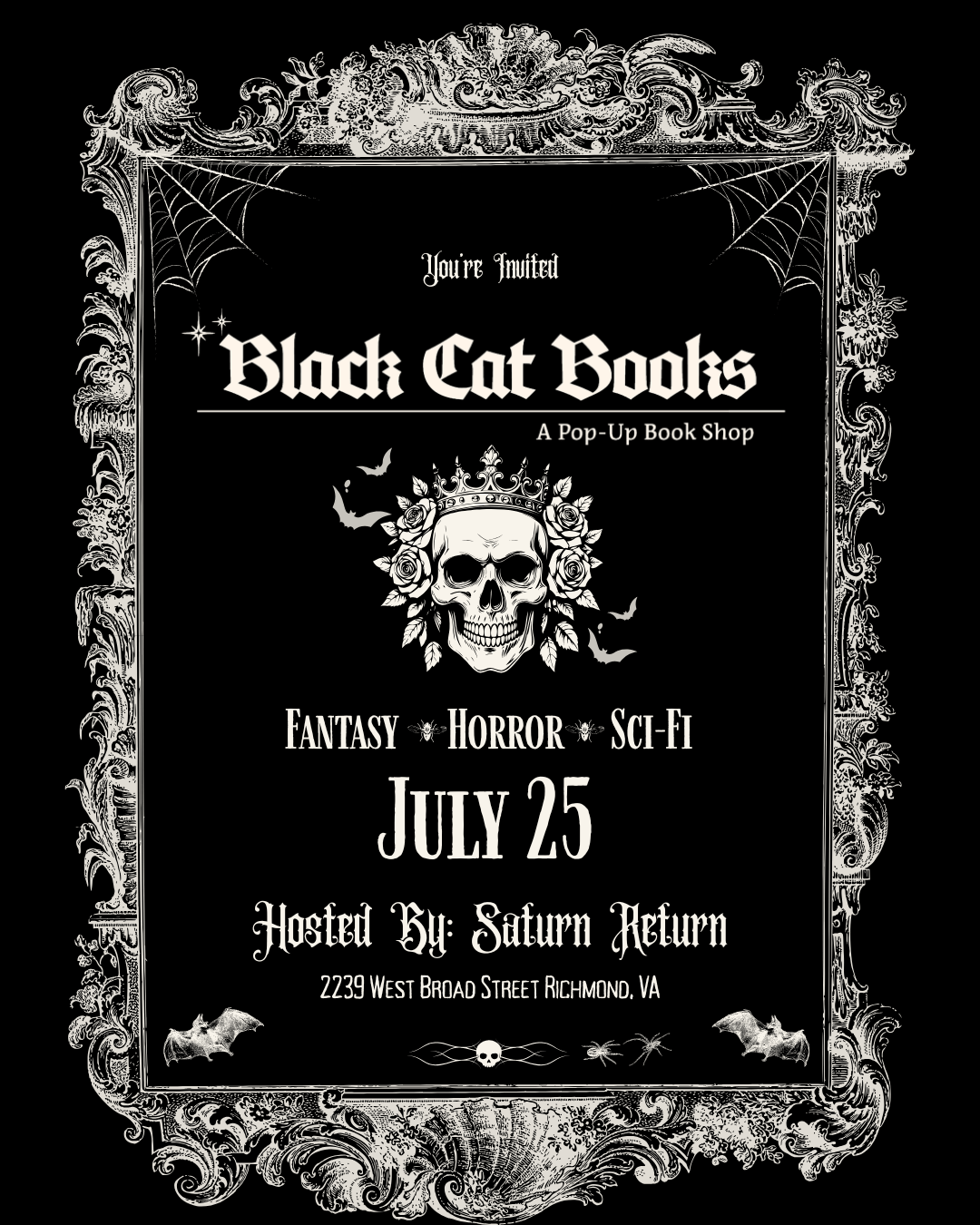 Black Cat Books pop-up event poster for Saturn Return on July 25